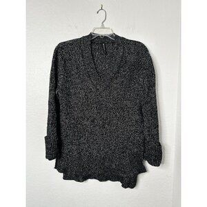 Athleta Shasta V-Neck Sweater Black Marl Split Sides Wool Blend Long Size Small